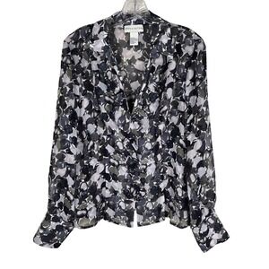Doncaster Silk Ruffle Top Abstract Floral Watercolor Long Sleeve Button Down 12